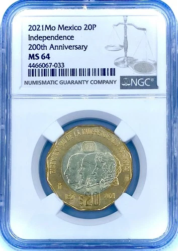 2021 Mo Mexico Bi-Metallic 20 Pesos NGC MS-64 Independence 200th Anniversary