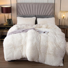 Luxury Plush White Duvet Cover Set - 3 Pieces Queen Size Faux Fur Bedding