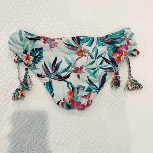 Costume da bagno bikini Becca blu medio bianco 2 pezzi reggicalze nappe tropicali floreali - Foto 6 di 8