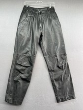 Vintage Genuine Leather Pants Womens 10 Black High Waist Pleated Tapered 90s