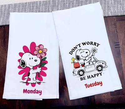 Snoopy Week Day Kitchen Towels Tea Towels Cotton Flour Sack Size 28x28 New - Image 1 of 4
