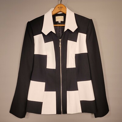 RARE! Women's Alberto Makali Black Blazer Jacket w/ White Leather Checkered Sz 8