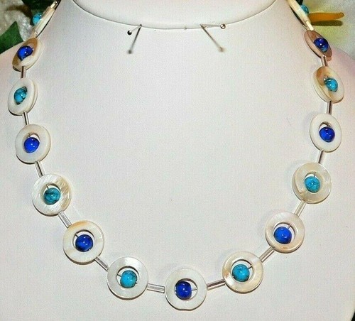 Halskette Collier Perlmutt natur weiss Donut Perlen blau dunkelblau türkis  353L - Bild 1 von 12