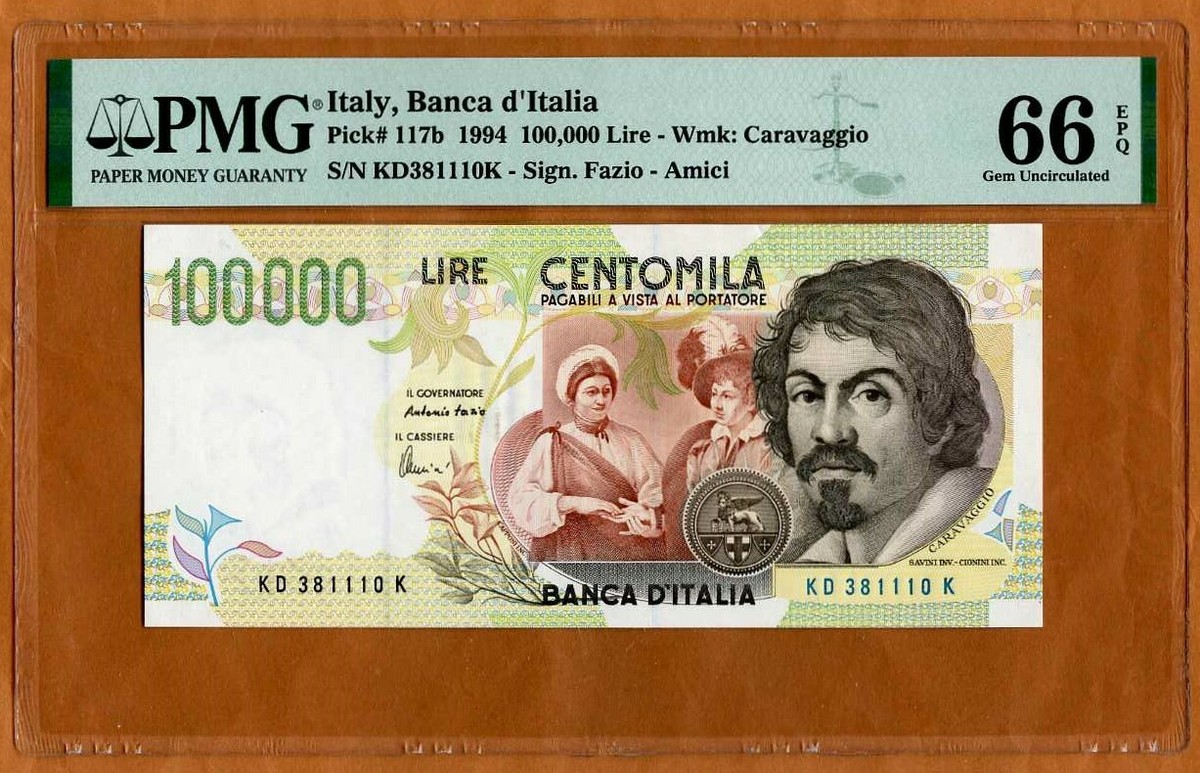 Italy, 100,000 Lire, 1994, P-117b, PMG-66 Gem UNC | eBay