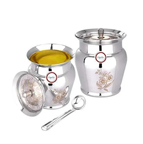 Stainless Steel Ghee and Oil Container with Lid and Spoon - 350 Ml ( Set of 2)