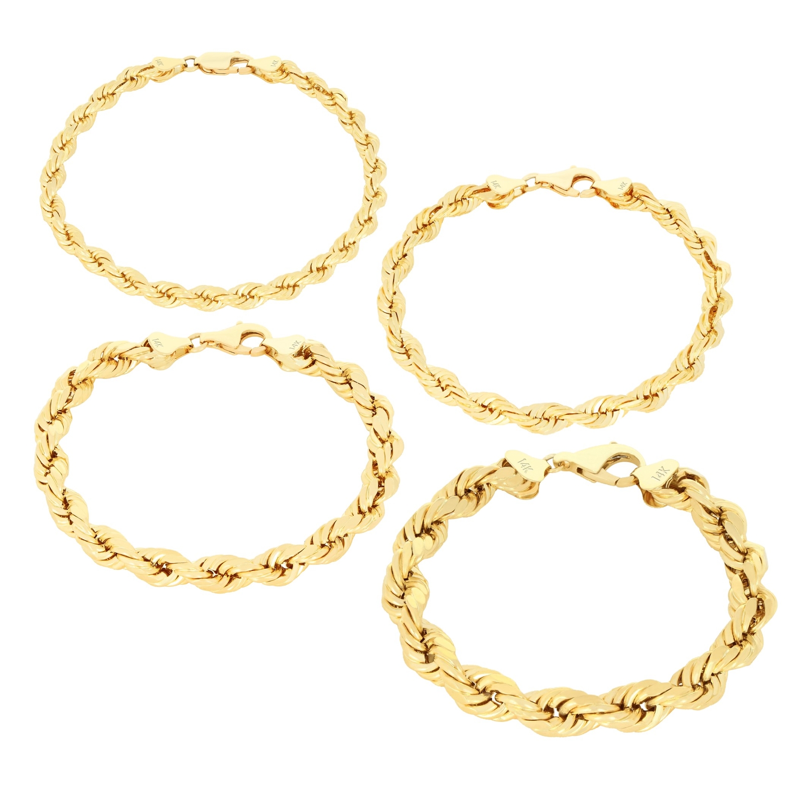 Brazalete de cadena de cuerda D/C de oro amarillo de 14K de 2 mm-10 mm para hombre y mujer de 7" 7,5" 8" 8,5" 9"