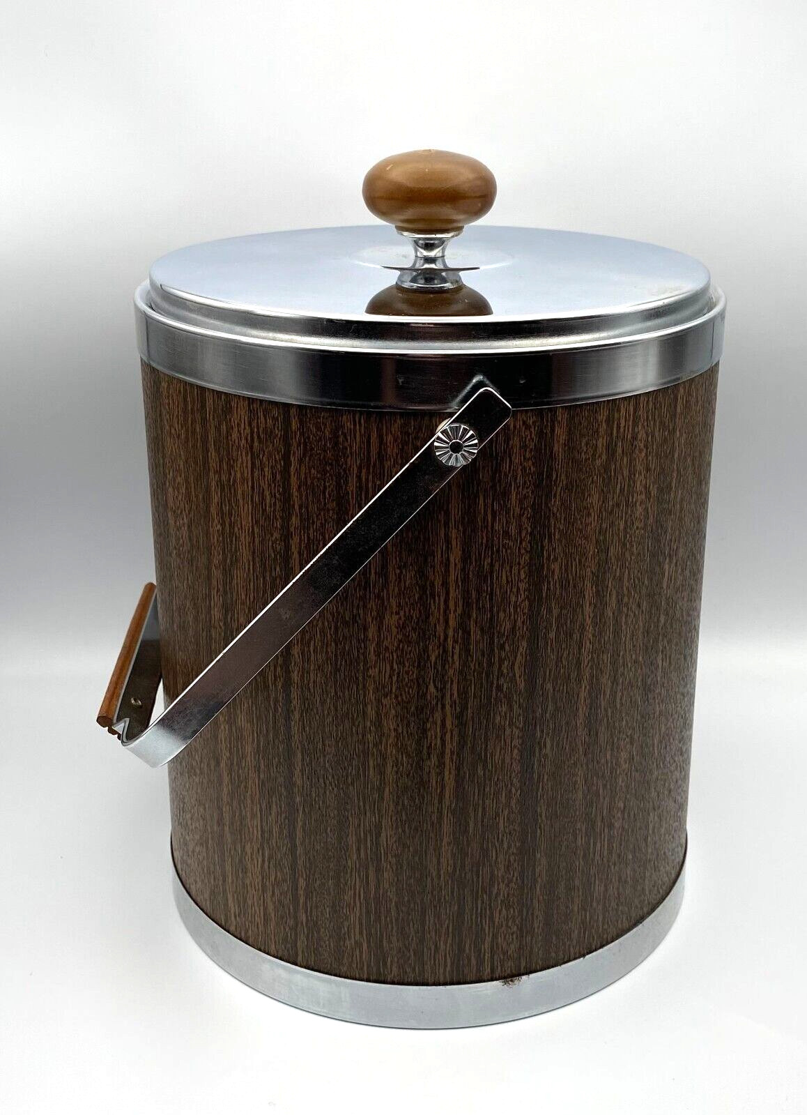 Vintage Kromex Faux Wood Grain Chrome Insulated Ice Bucket 11" Barware MCM USA