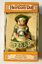 Vintage Jasco Lil Chimers Porcelain Girl with Cat Bell Ornament New in Box!