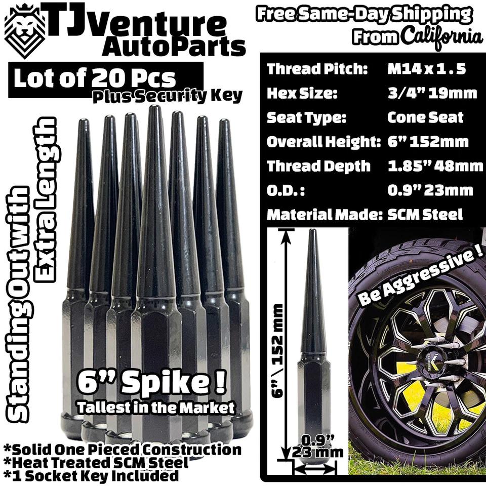 20x Black 6" XL Tall 14x1.5 Spike Lug Nut+Key Fit Cadillac CT5/6/S XTS/4 &More - Image 2 of 3