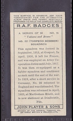 RAF ABZEICHEN - Nr. 22 Torpedo-Bombergeschwader - 80 + Jahre alt UK Karte # 15 - Bild 2 von 2