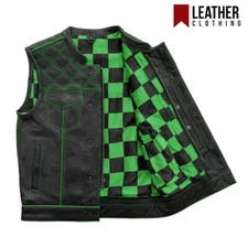 Men's Leather Black Vest With Green & Black Checker Inner Concealed Waistcoat