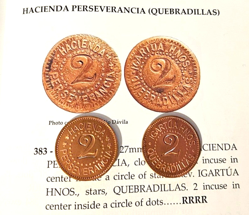 2 ALMUD HACIENDA PERSEVERANCIA QUEBRADILLAS PUERTO RICO remake ficha token CAFE