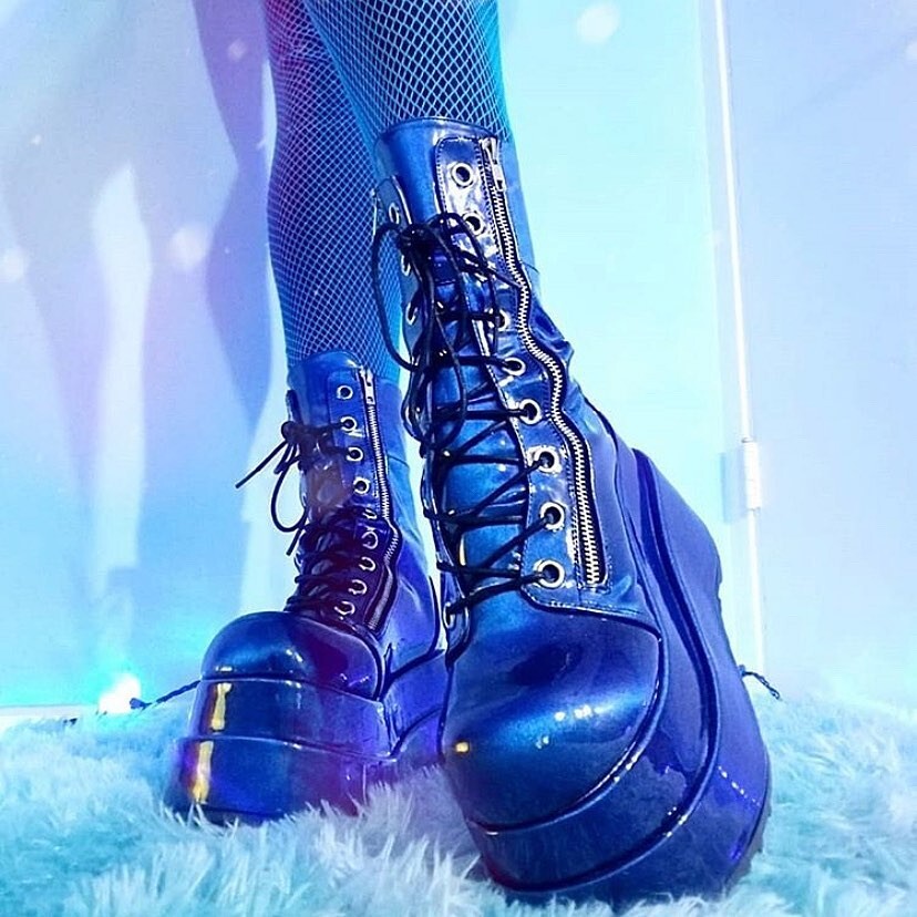 Demonia Bear 265 Blue Purple Patent Mid Calf Platform | eBay