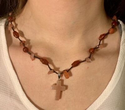 Handcrafted Boho Red Agate Cross Macrame Necklace Adjustable 19-21 