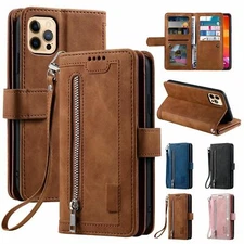 Zipper Leather Wallet Case For iPhone 16 15 17 Pro Max 14 13 12 11 Flip Cover