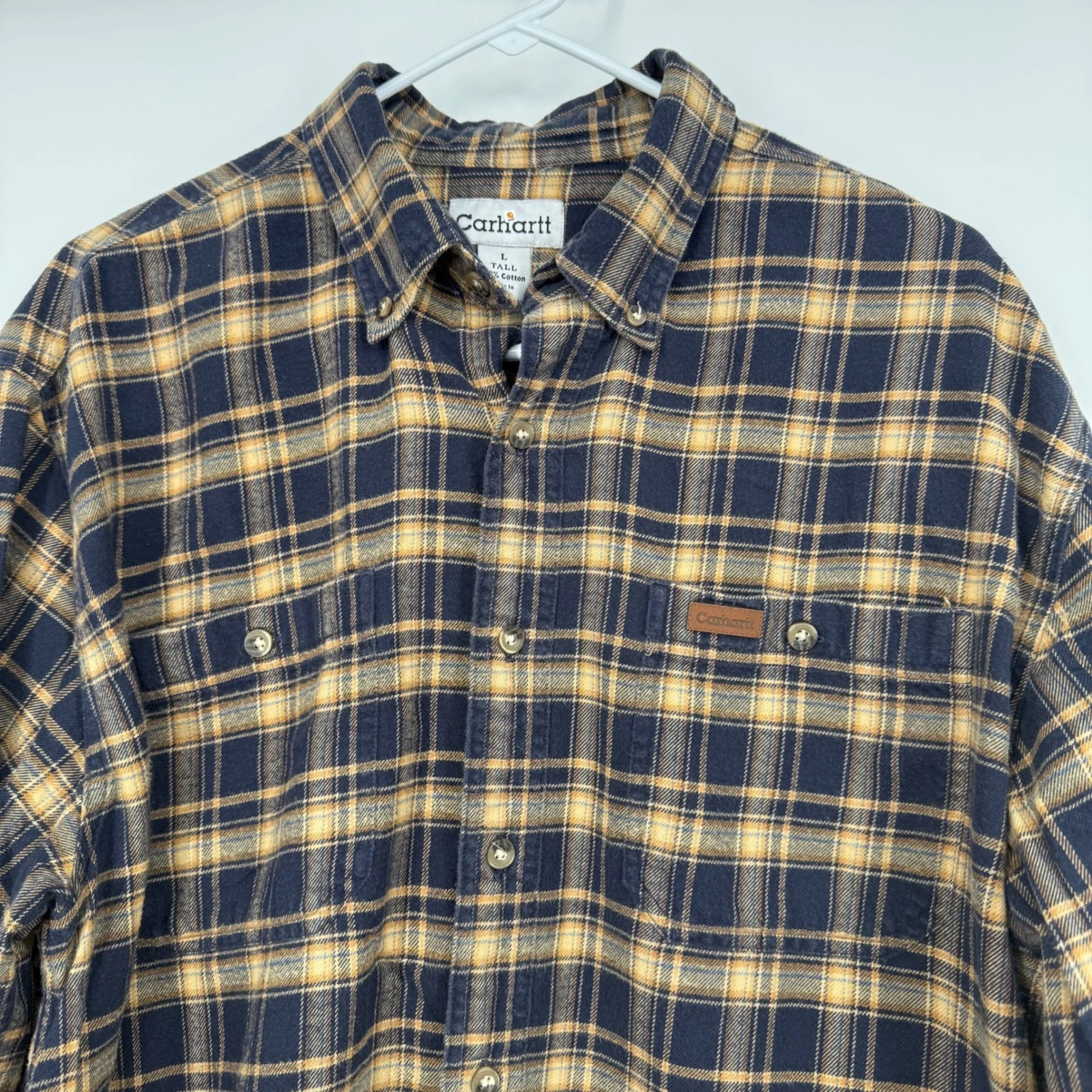 Carhartt Large Tall Flannel Long Sleeve Button Up Plaid Brown Blue Gorpcore