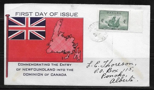 Canada - 1949 #282 Entry of Newfoundland into Canada - Colourful Flag Cachet FDC