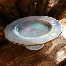 RARE FIND Vintage Alabaster Glass Iridescent Cake Stand Turkish?  Swirled Glass