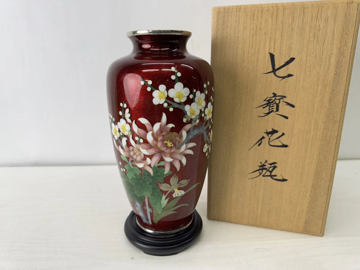 红色景泰蓝日本古董花瓶| eBay