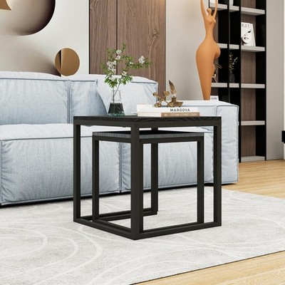 Satz Couchtisch Set Schwarz Grau Metall Holz Modern Wohnzimmer Beistelltisch