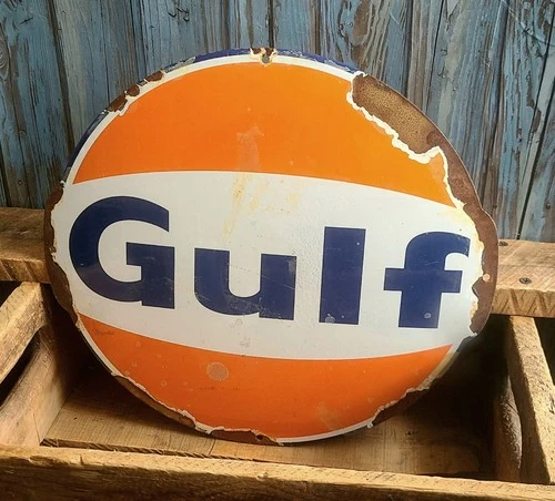 Large 14" Vintage GULF Service Station Oil Gas Pump Plate Porcelain Metal Sign
