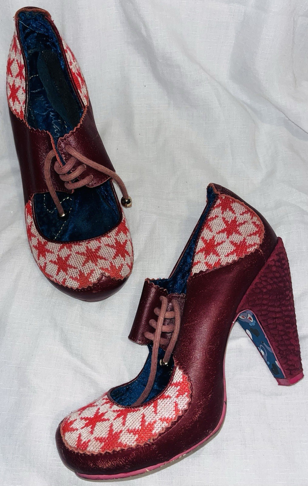 Irregular Choice snowflake Maroon Heels UK5 Red Print Lace Up Christmas Block