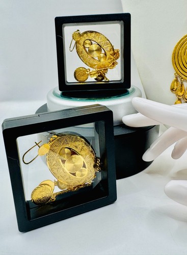 Egyptian Revival Impressive 3PC Gold Pendant Cuff Bracelet Dangle Puff Earrings - Picture 12 of 24