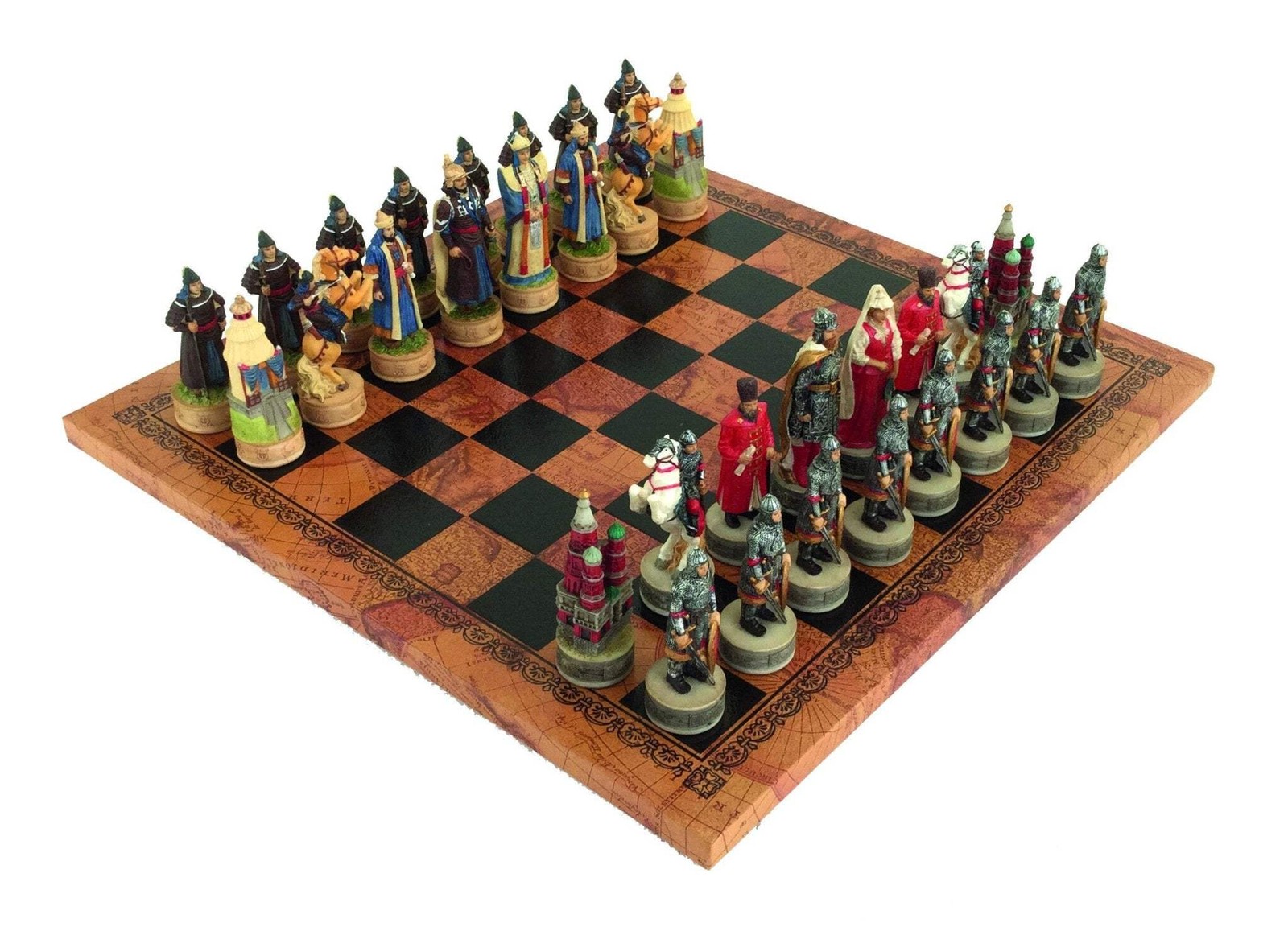 Italfama Hand-Painted Resin Chess Set Russians Vs Mongols PU Leather Board 33Cm