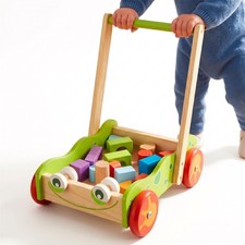 Wooden Baby Walker Push Along Cart with 20 Bricks Toddler Activity Learning Toy