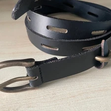 Unique Black Leather Belt Brass Buckle Vtg style 3XL 52" long