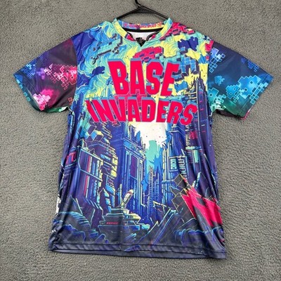 Cranky Panda Sports Base Invaders Graphic T-Shirt Mens Medium Blue Taylor 19
