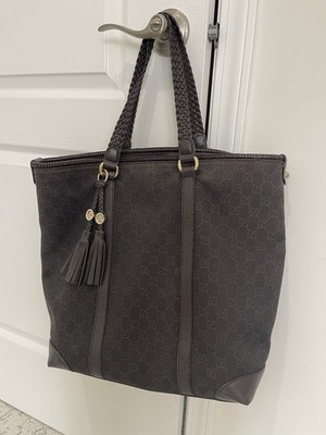 Gucci Chocolate Denim Monogram Tote Bag With Braided Handles & Tassels