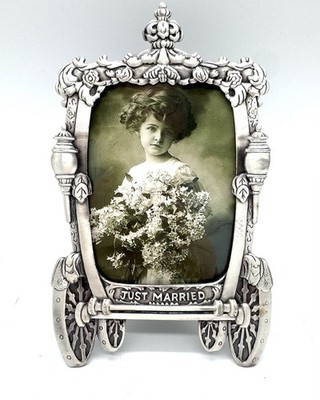 Vtg 60s Just Married Picture Frame Victorian Ornate Silver 3.5x5 Bridal Wedding