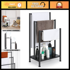 3-Tier Free Standing Blanket Ladder Rack - Metal Towel Holder with Wooden Shelf,