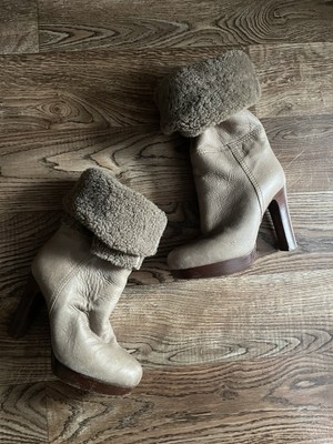35 MIU MIU Prada Shearling Beige Faux LEATHER BIKER Knee High Tall BOOTS ITALY
