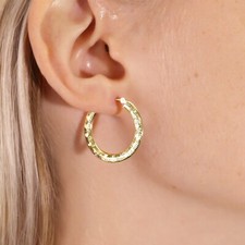 14K Real Solid Gold Checkered Diamond-Cut Flat Tube Chunky Creole Hoop Earrings