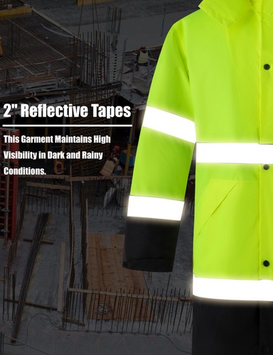 Men's Hi-Vis Long Safety Raincoat Reflective Waterproof Rain Coat Hooded S-2XL - Picture 6 of 7