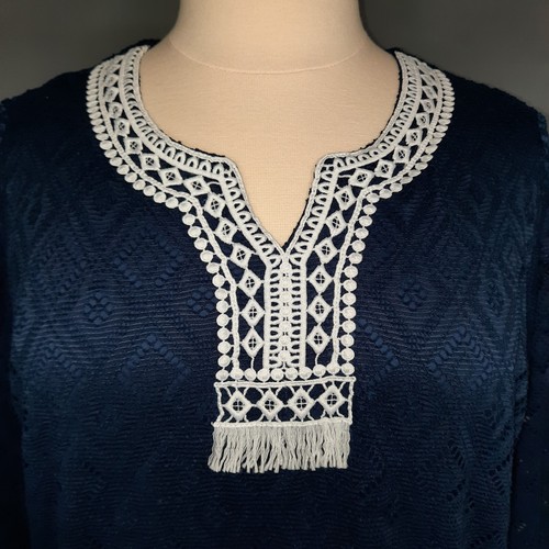 Alfred Dunner Tunic Top Womens XL Blue Crochet Overlay White Fringe Boho Blouse - Picture 2 of 14