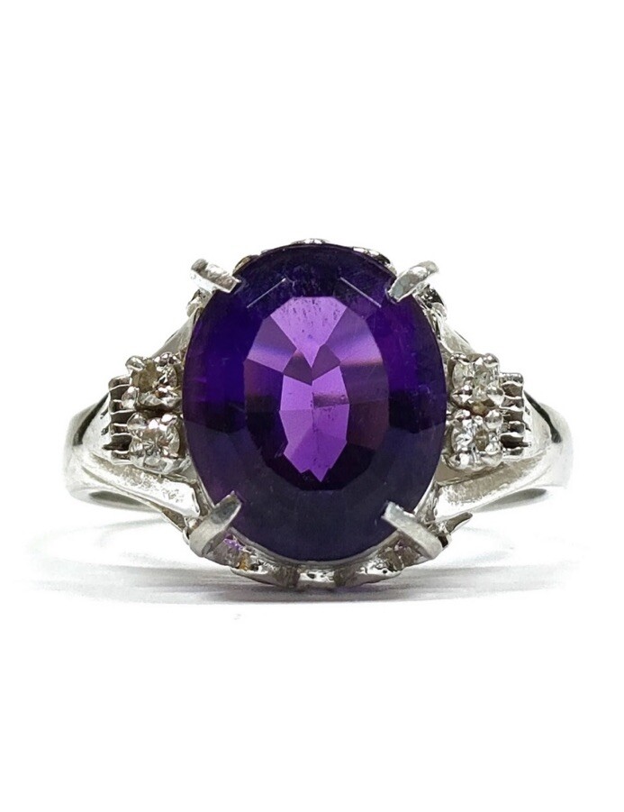 Solid Platinum Solitaire Amethyst Diamond Ring - image 1