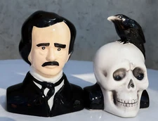 Ceramic Edgar Allen Poe And Nevermore Raven On Skull Salt And Pepper Shakers Set