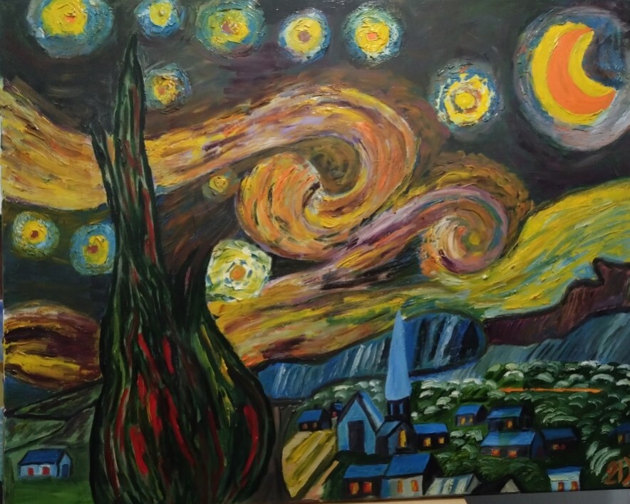 VAN GOGH d'après, IMPRESSIONNISME huile sur toile "La nuit étoilée" 73X92 cm