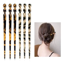 6 Pack Acetate Hair Sticks Leopard Tortoise Shell Hairpin Chopsticks Women
