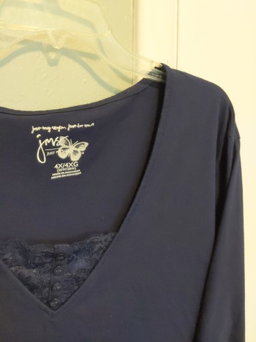 JMS 4X Top Dark Blue Long Sleeve T-shirt 26W/28W Lace Trim - Picture 2 of 4