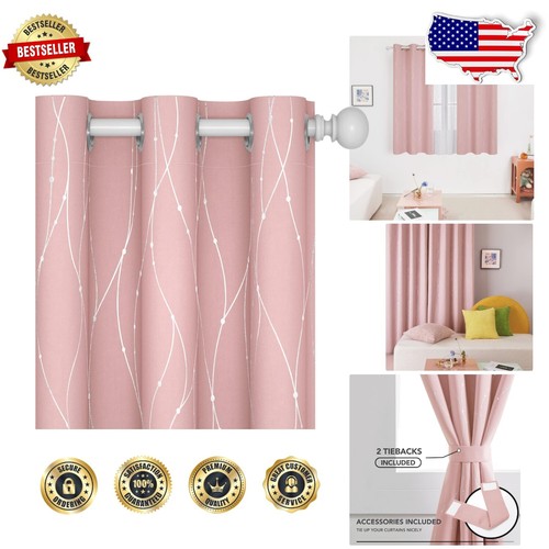 Elegant Coral Pink Silver Wave Dots Blackout Curtains, Thermal Insulated, 42x45