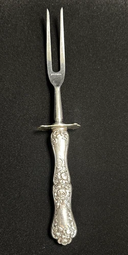 Vintage Wallace Sterling Silver Handle Meat Fork - Floral Rose Pattern