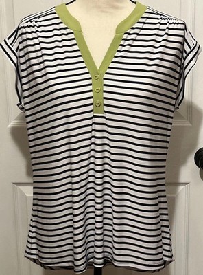 Susan Lawrence XL Short Cap Sleeve Top,Navy/White/LimeGreen Vneck,Great Fabric