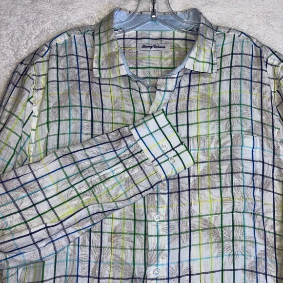 Tommy Bahama Mens Large 100% Linen Plaid Floral Long Sleeve Button Down Shirt