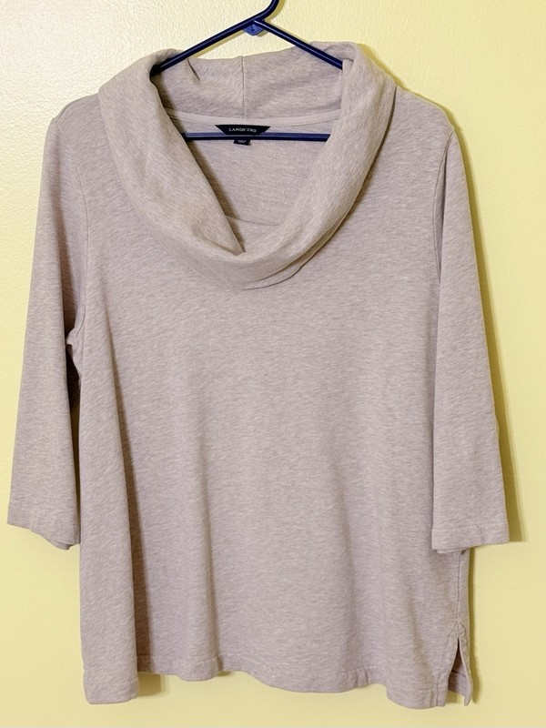 LANDS' END Women's Cowl Neck 3/4 Sleeve Top 100% Cotton TAN Size L