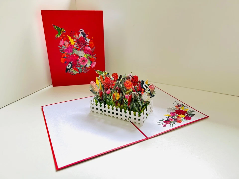 Tarjetas Pop Origami Hermoso Jardín Nativo Australiano y Pájaros Feliz Cumpleaños 3D Foto 4 de 4