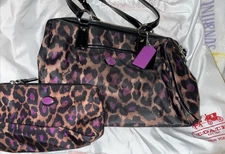 Coach Signature Ocelot Tote Violet Purple Brown Black Animal Print with Dust Bag